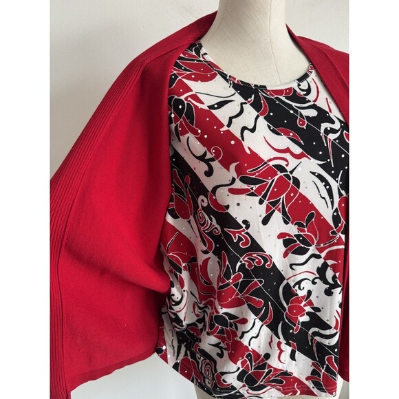 Alfred Dunner Red & Black Floral Rhinestones 2 pc connected top & cardigan M - Picture 5 of 12